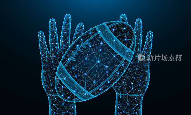 Hands and ball for playing rugby football low poly design, sports game in polygonal style, catch or throw the ball wireframe vector illustration made from points and lines on dark blue background
